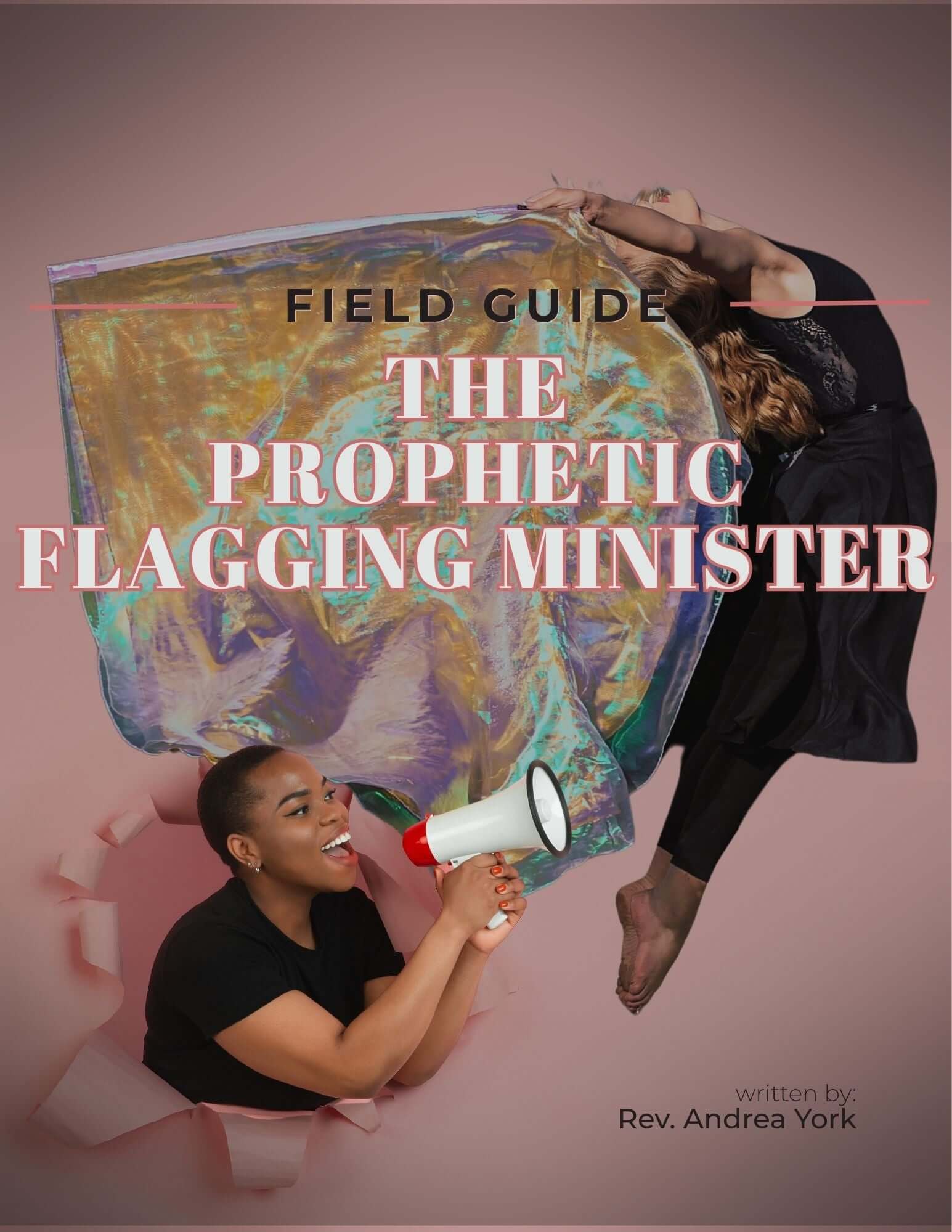Cover of The Prophetic Flagging Minister field guide by Rev. Andrea York, showing an iridescent worship flag in motion and a dancer captured mid-leap.