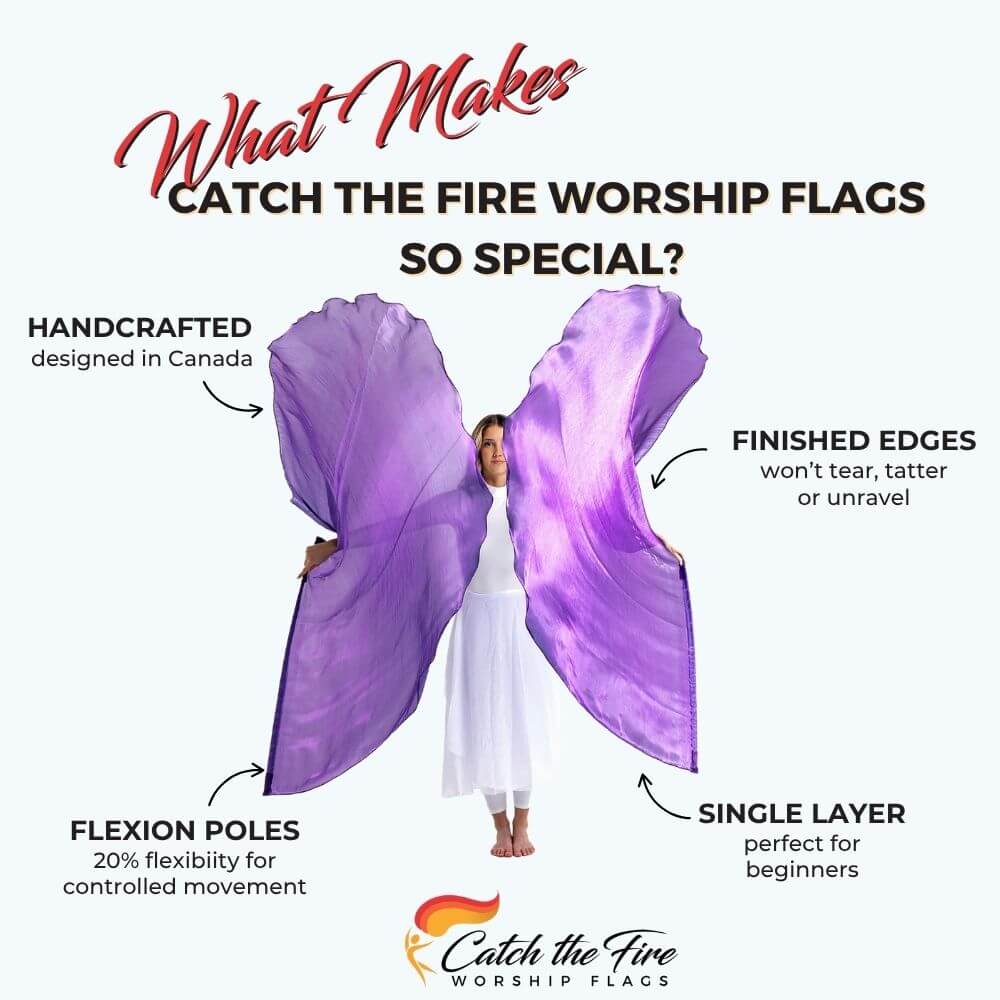 Purple Shimmer flags from Catch the Fire Worship Flags with features including finished edges, perfect size, flexion poles, handcrafted, single layer for beginners or seasoned dancers