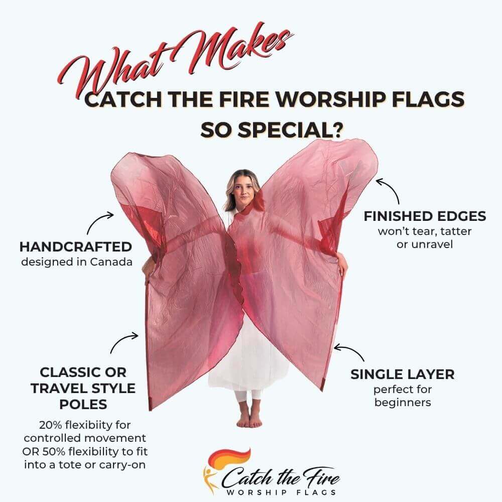 Red Metallic flags from Catch the Fire Worship Flags with features including finished edges, perfect size, flexion poles, handcrafted, single layer for beginners or seasoned dancers