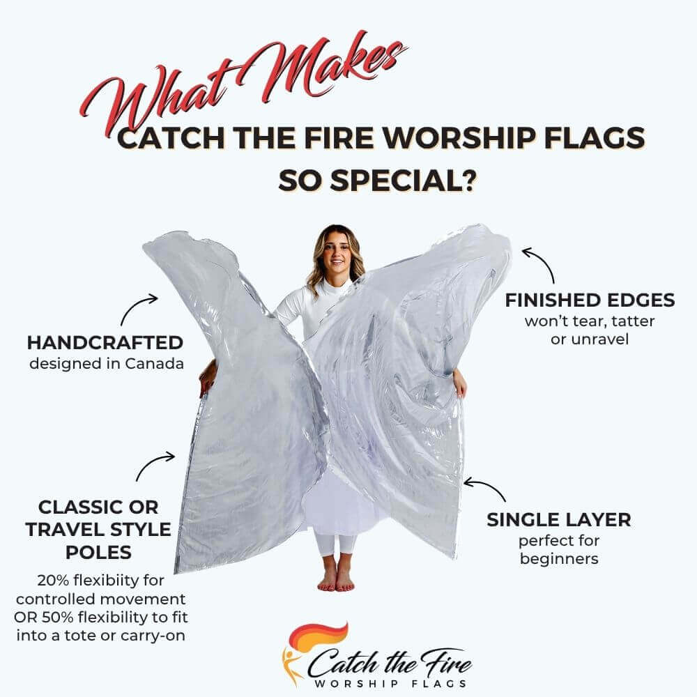 Silver Metallic flags from Catch the Fire Worship Flags with features including finished edges, perfect size, flexion poles, handcrafted, single layer for beginners or seasoned dancers