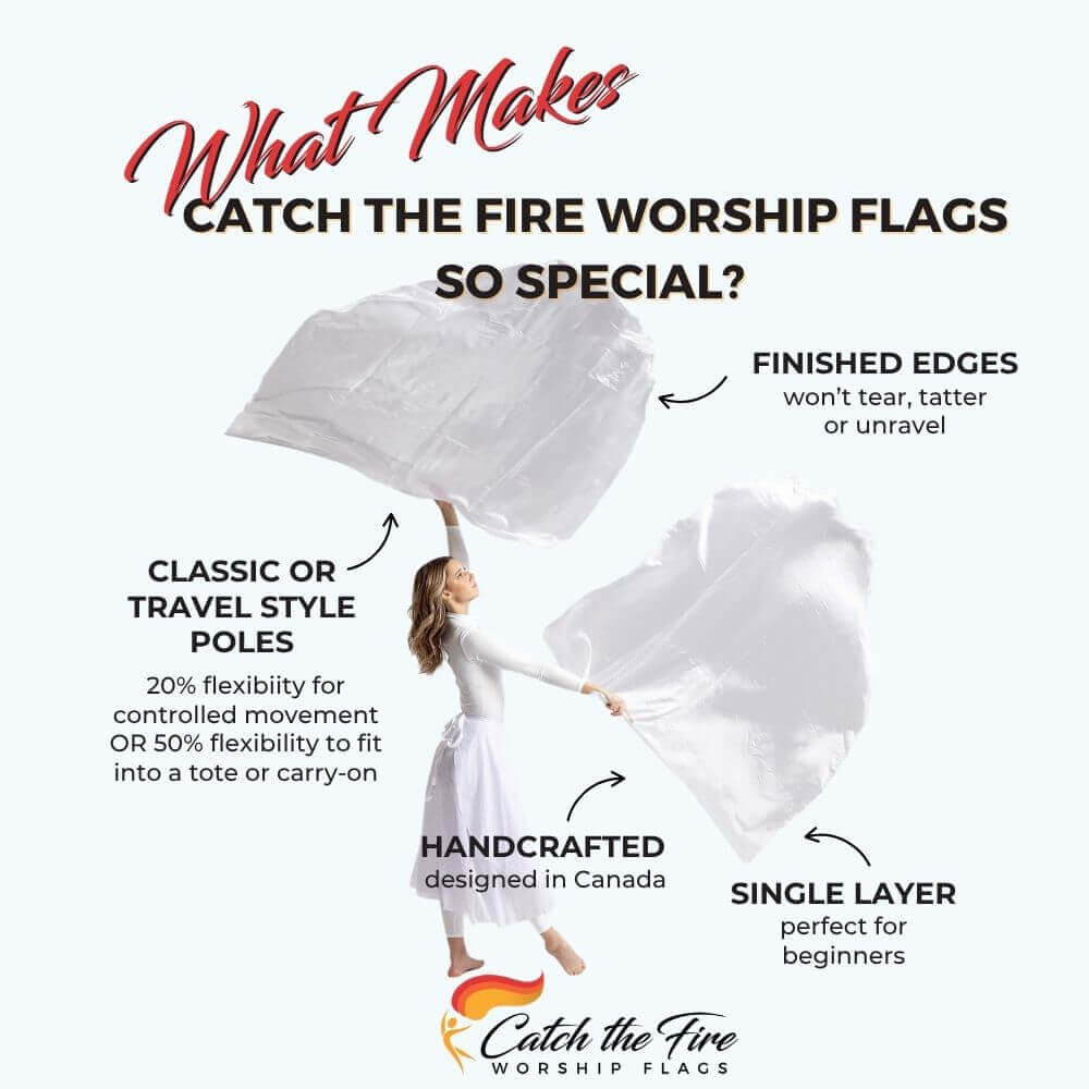 White Shimmer flags from Catch the Fire Worship Flags with features including finished edges, perfect size, flexion poles, handcrafted, single layer for beginners or seasoned dancers