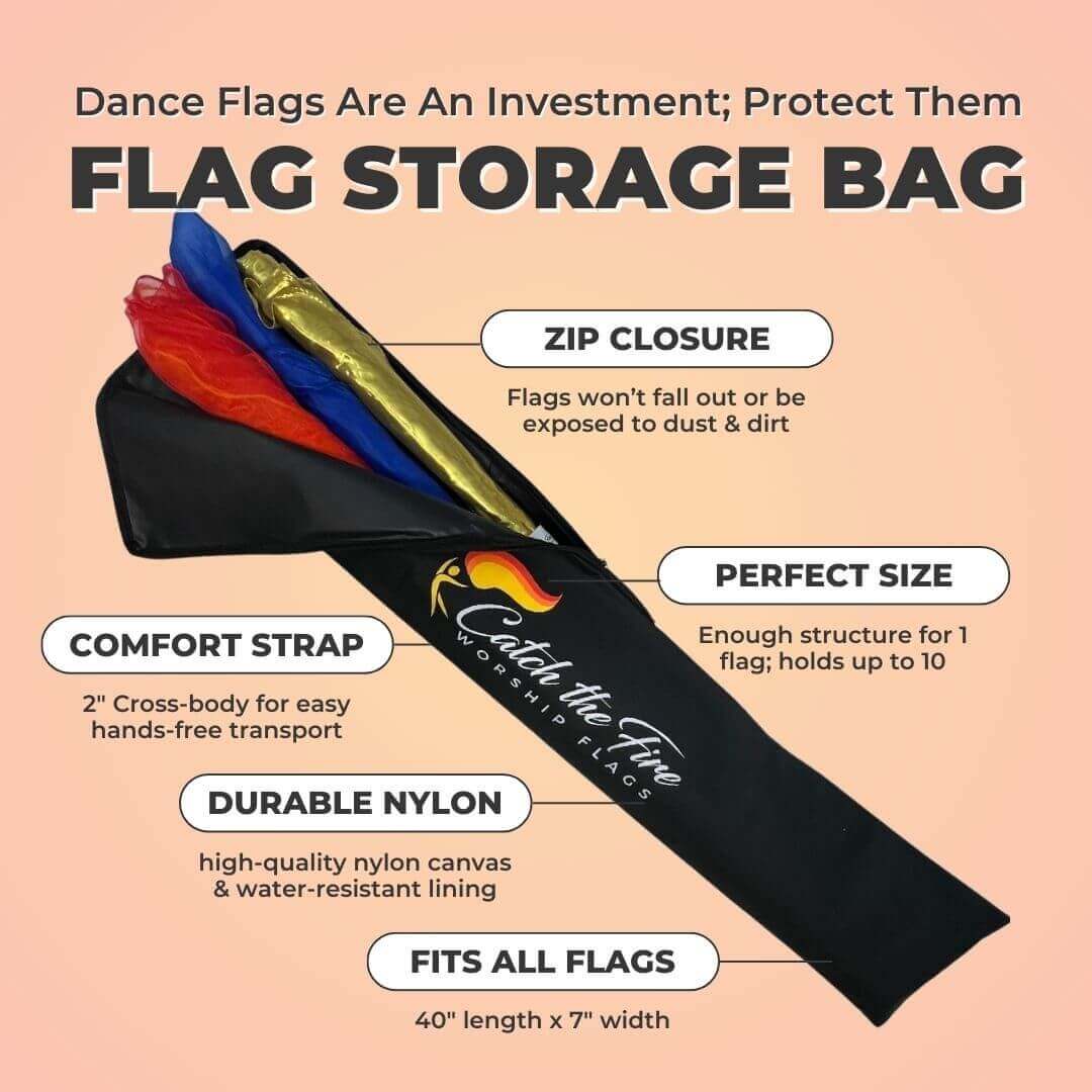 Catch the Fire Worship Flags storage bag with features including zip closure, perfect size, comfort strap, durable nylon, and dimensions of 40" x 7"