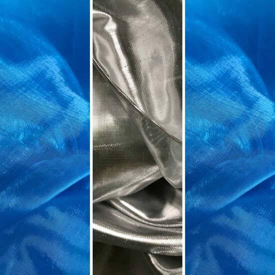 "Fabric swatches of metallic silver and translucent royal blue worship flag materials, arranged in a vertical triptych for color comparison.