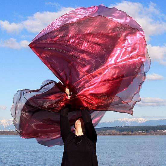 Worshipper lifting flowing scarlet and wine red praise flags in worship by a lake, with mountains and clouds in the background, symbolizing passionate intercession and healing through movement