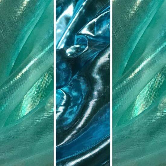 Three-panel display of iridescent teal, aqua, and metallic blue fabrics with sheer and reflective textures, ideal for worship flags or prophetic dance garments.