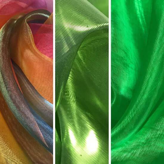 A side-by-side image showcasing three different fabrics used in worship flags. The left panel displays a blend of rainbow hues with hints of red, orange, and blue. The center panel highlights a shimmering light green fabric. The right panel shows a deep, vibrant green fabric with a translucent finish. All fabrics have a glossy, reflective texture.