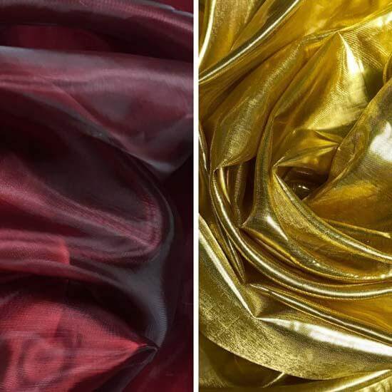Close-up view of deep red shimmer fabric on the left and radiant gold shimmer fabric on the right, showcasing the rich texture and iridescent quality of worship flag materials.