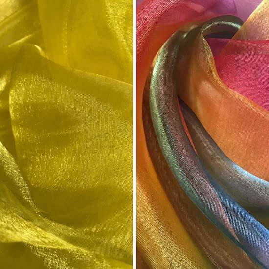 Close-up of sheer worship flag fabrics in vibrant yellow (left) and a multicolor blend of scarlet, bronze, and gold tones (right), showcasing texture and shimmer.
