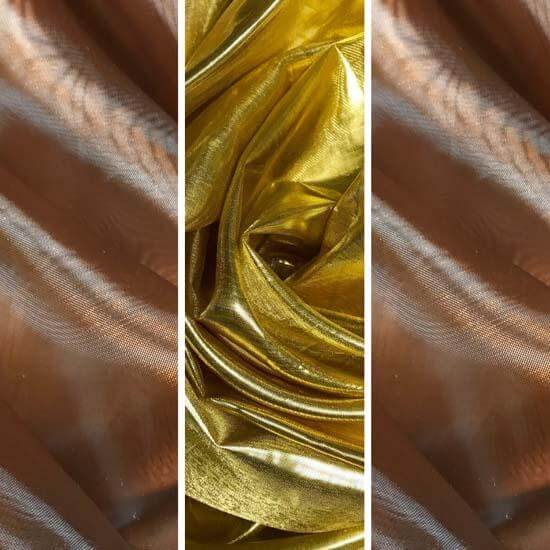 Shimmery bronze fabric on the sides and gold metallic fabric in the center, showing texture and shine for worship flags.