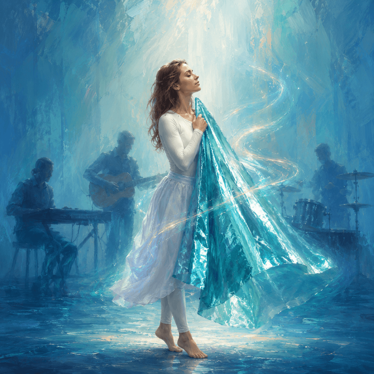 Painterly worship scene illustrating what is prophetic worship in the Bible, with a woman holding a turquoise worship flag in stillness between musicians as radiant light forms around her during a quiet moment of listening to the Holy Spirit.