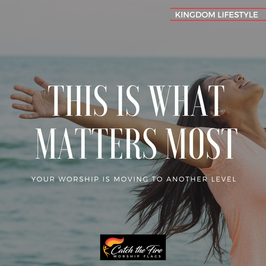 happy woman at the beach with arms wide open image with text and catch the fire worship flags logo