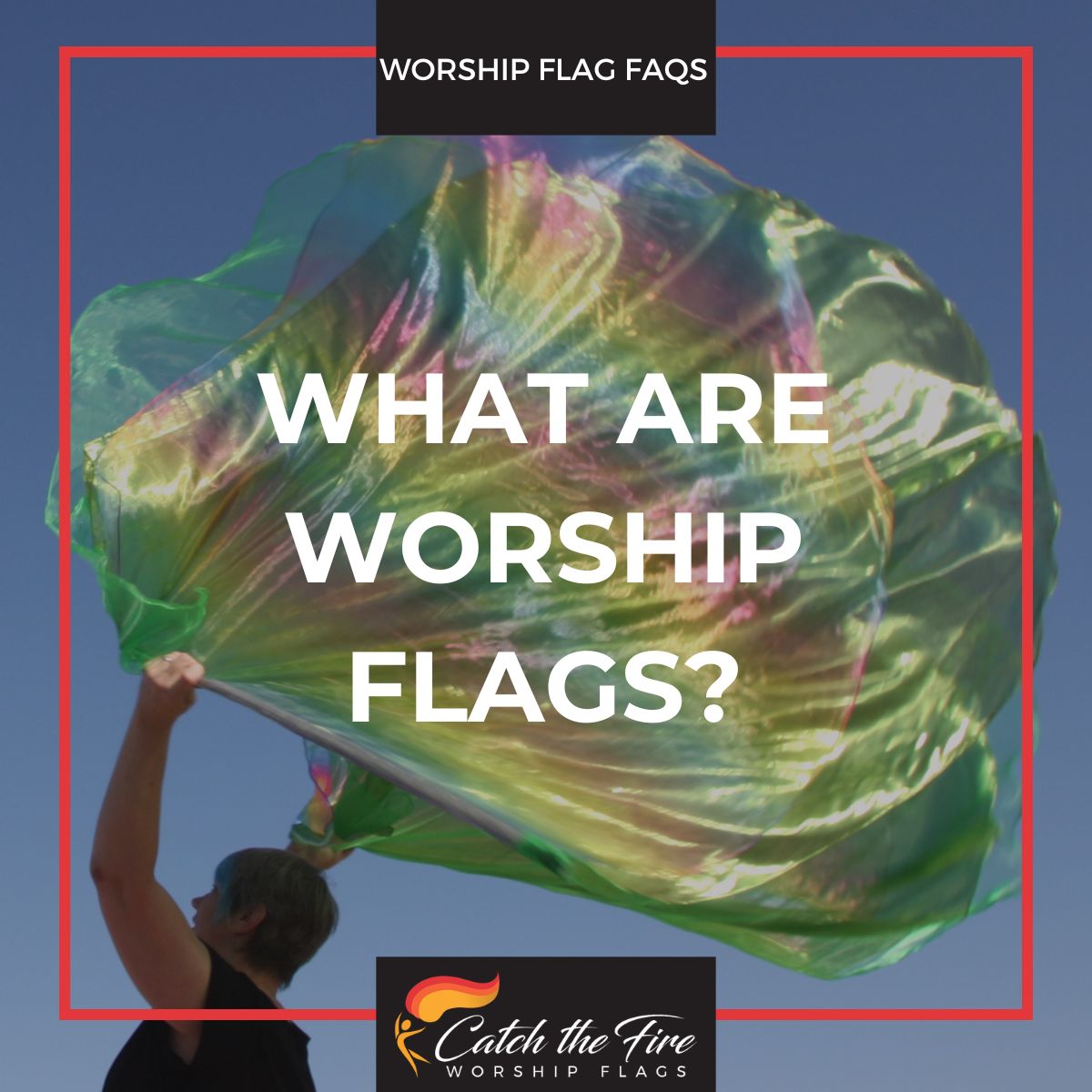  woman holding green and rainbow multi layer worship flags from catch the fire worship flags 