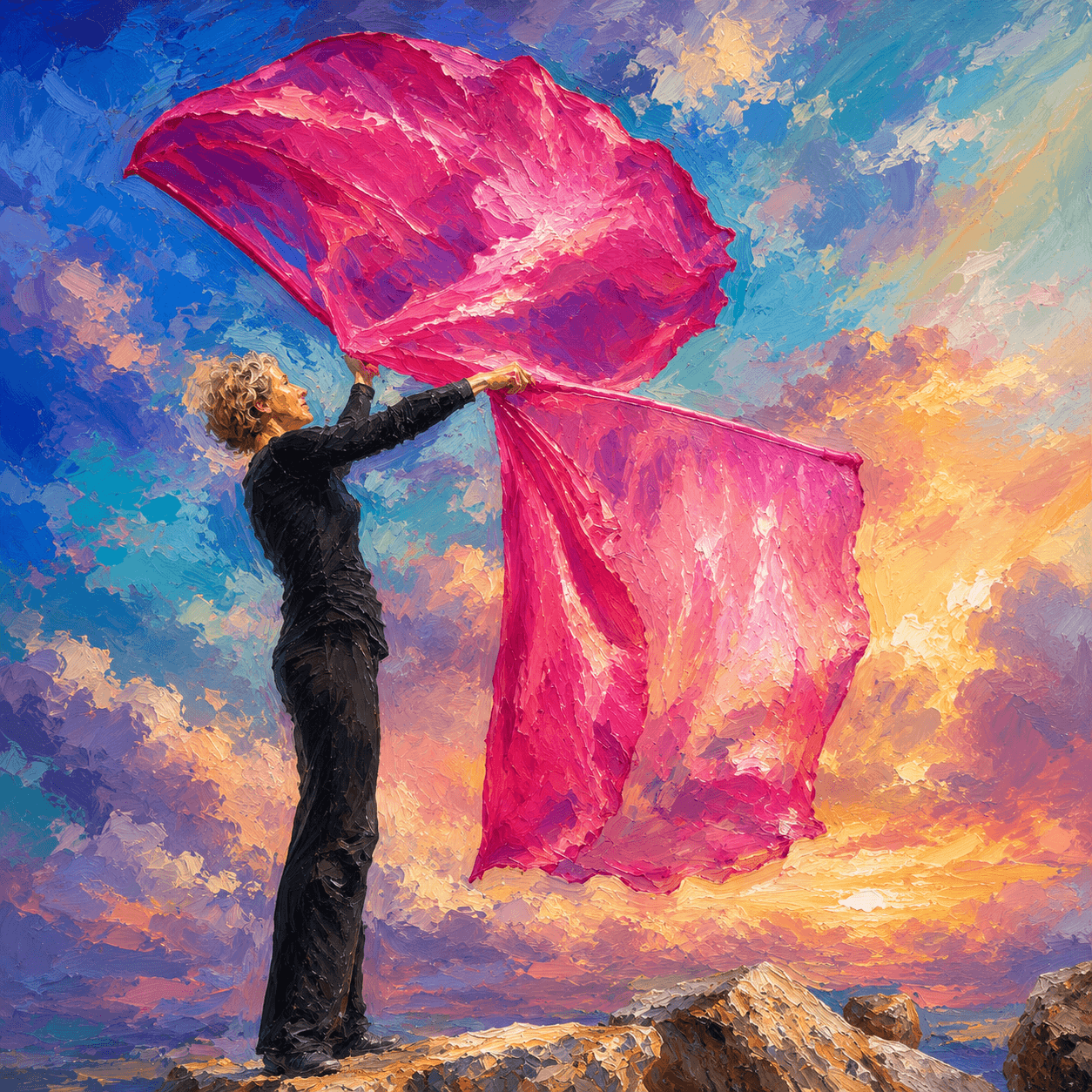 Worship dancer lifting two flowing fuchsia worship flags against a colorful painterly sky, symbolizing biblical joy, passionate praise, celebration, love, and prophetic worship.