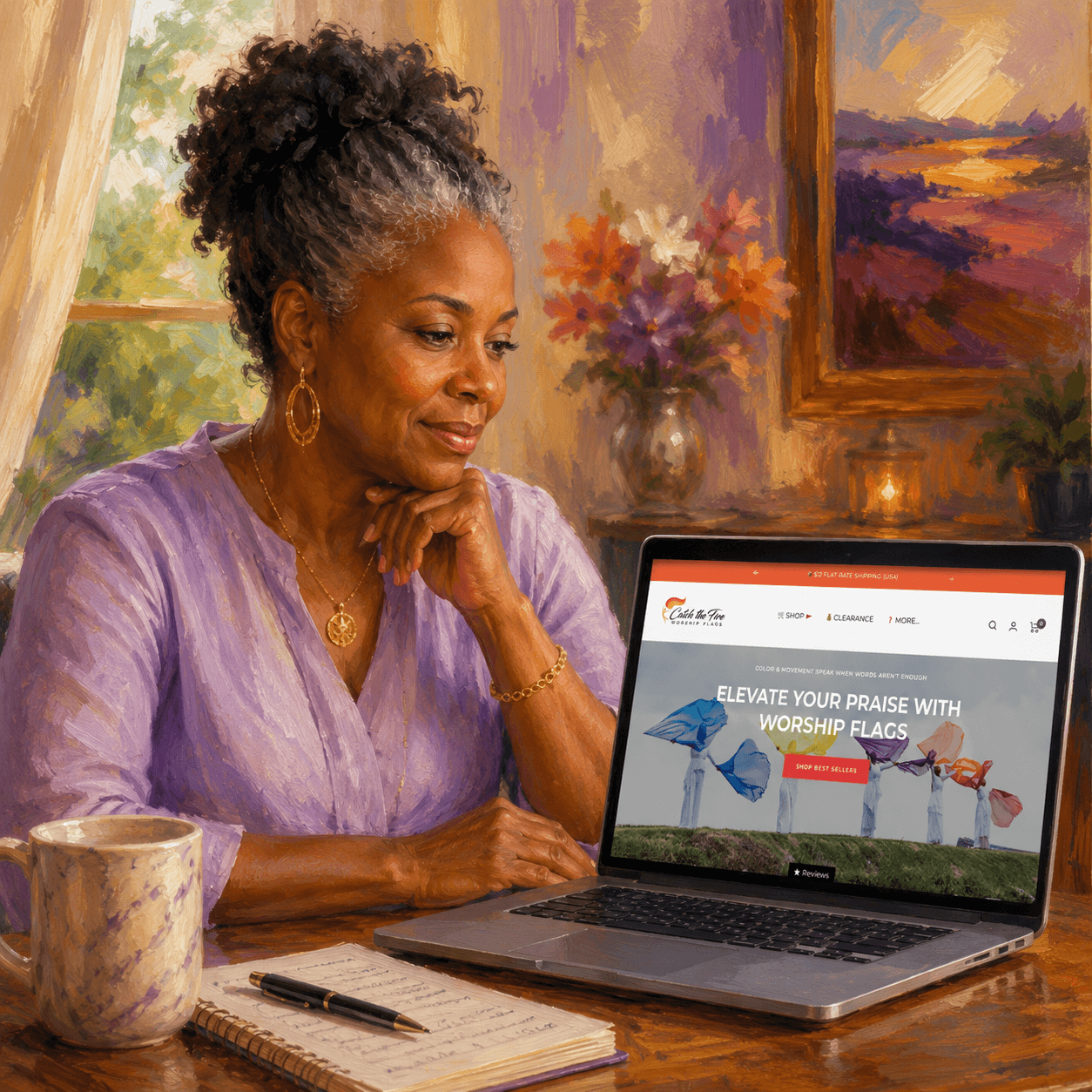 Black woman in her 50s shopping online for worship flags on a laptop displaying the Catch the Fire Worship Flags homepage, illustrating how to buy worship flags from a trusted online store.