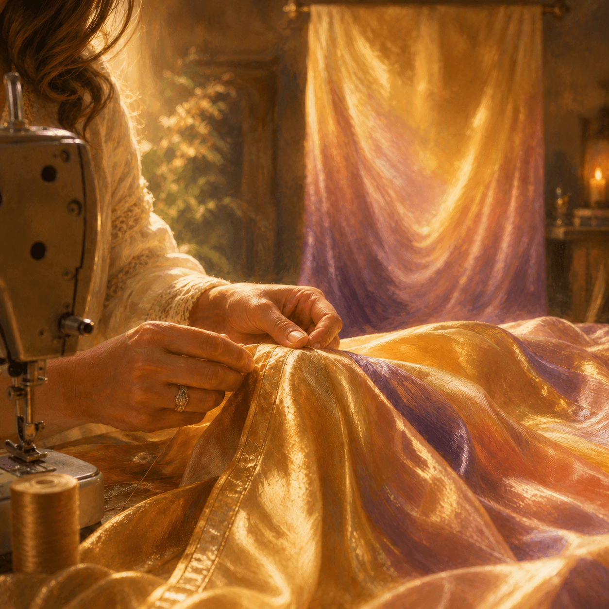 Close-up painterly image of a woman’s hands carefully sewing a handcrafted worship flag in warm golden light, with a finished prophetic worship flag softly blurred in the background.