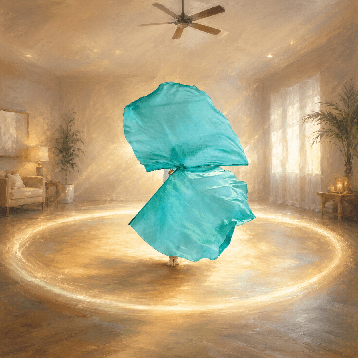 Worshipper moving with a green worship flag inside a radiant circle of light in a spacious room, illustrating what size worship flag should I buy by showing the space needed for safe, free indoor worship.