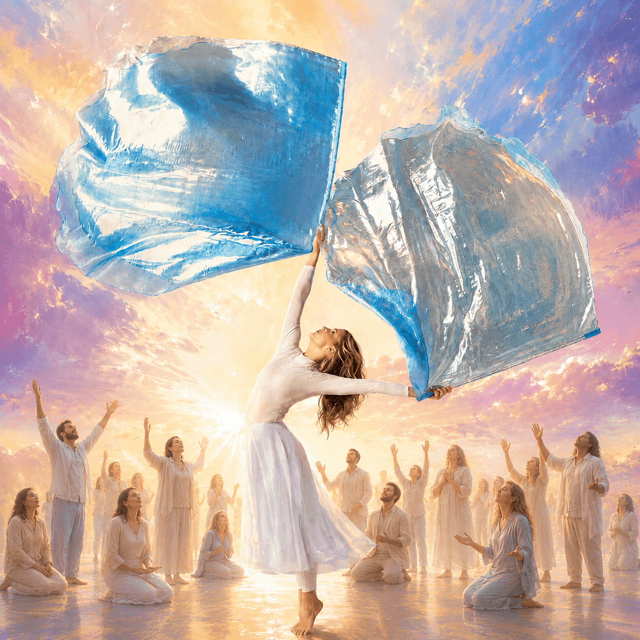 Flagging minister lifting blue and silver worship flags during corporate worship as others praise around her, illustrating how a revelation of God becomes visible and releases grace to others.