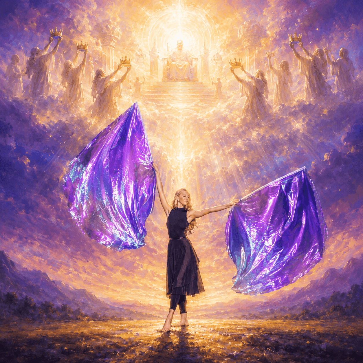 Painterly blog cover of a worship flagging minister lifting purple worship flags beneath a radiant throne-room vision, with elders casting crowns as heaven and earth meet in worship.