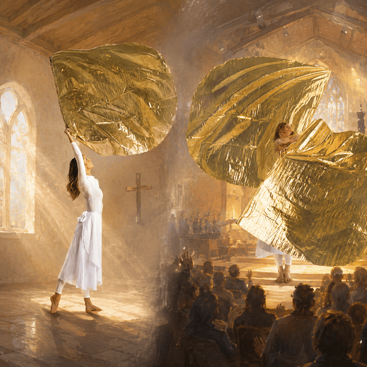 Painterly split scene showing the same woman lifting gold worship flags alone and before a congregation, illustrating whether worship flags are performance or worship through the empty room test.