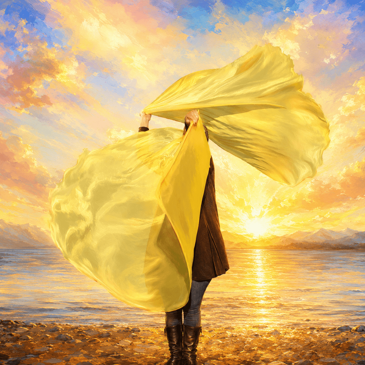 Worshipper ministering with flowing yellow worship flags beside the water at sunrise, illustrating the biblical meaning of yellow as joy, hope, faith, and the glory of God.