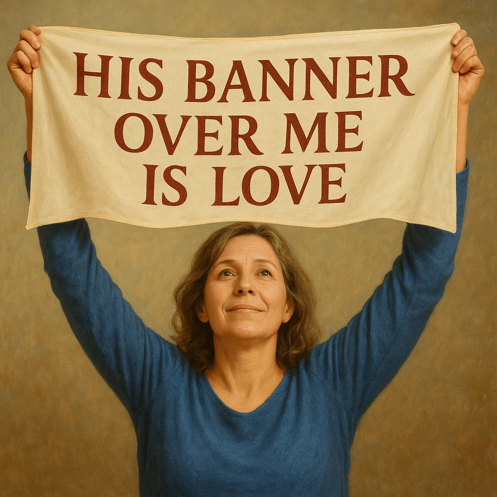 Woman in her 40s holding a banner above her head reading “His Banner Over Me Is Love,” gazing upward with a serene expression against a warm neutral background.