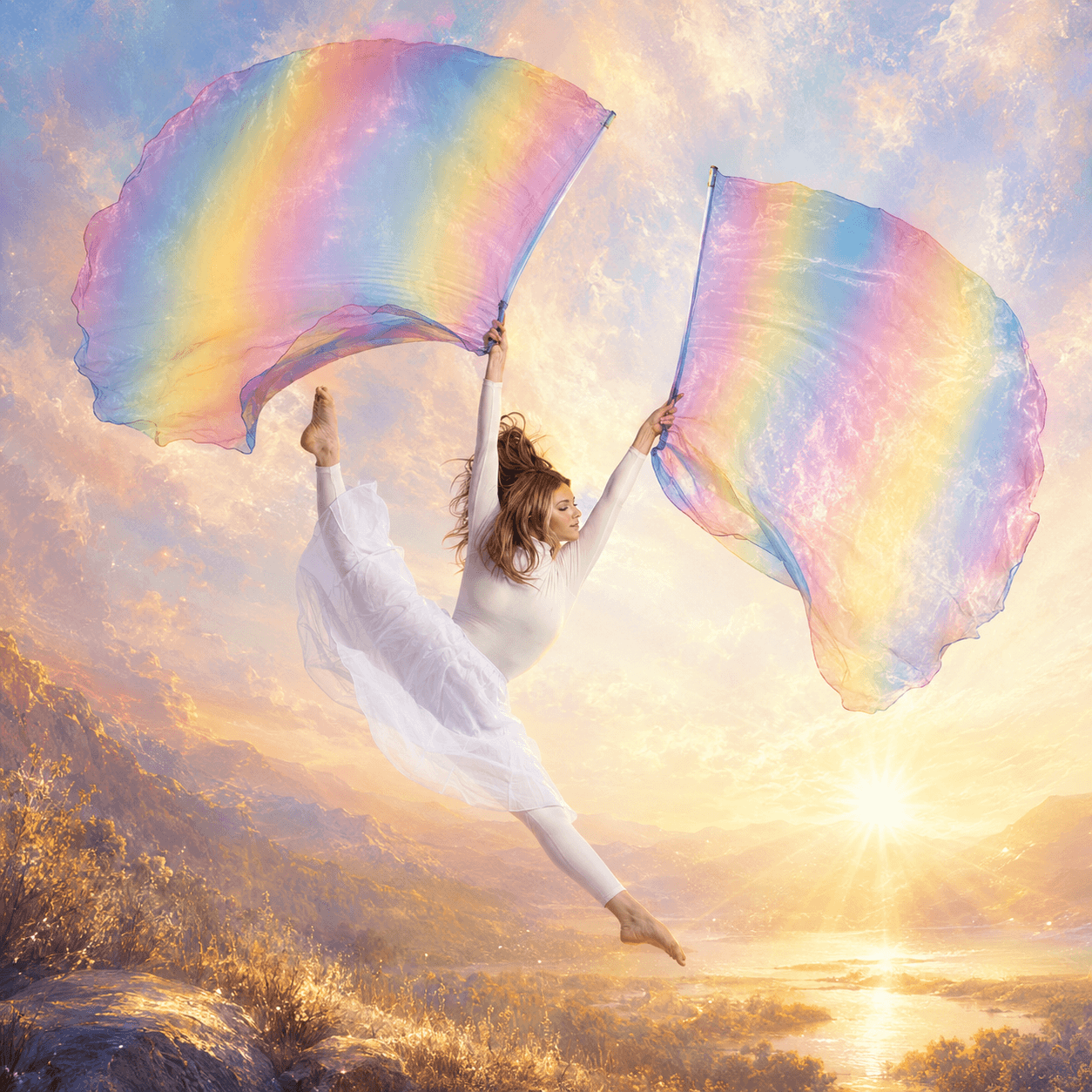 Female worship dancer lifting two pastel rainbow worship flags in a radiant mountain landscape, symbolizing God’s faithful promises, covenant hope, prophetic worship, and joyful praise.