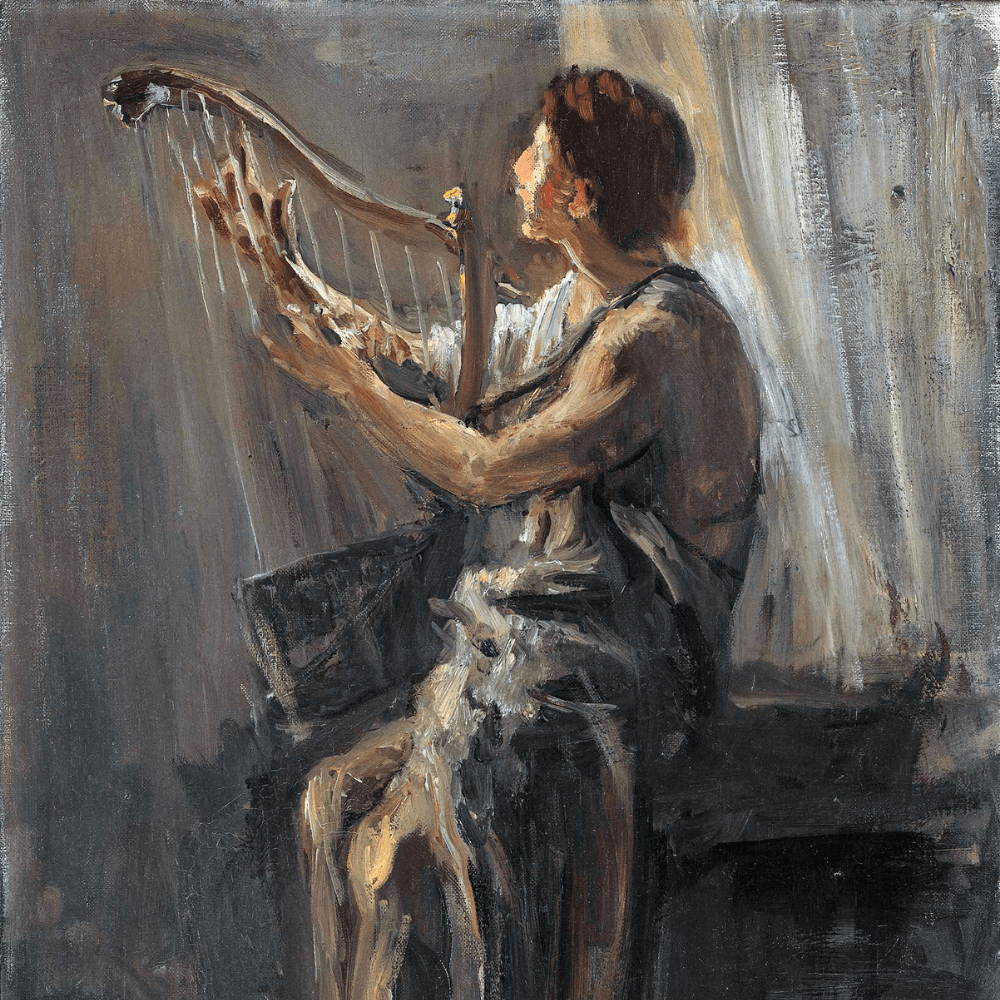 Oil painting of King David playing the harp in worship, symbolizing biblical intimacy with God through music and creative expression