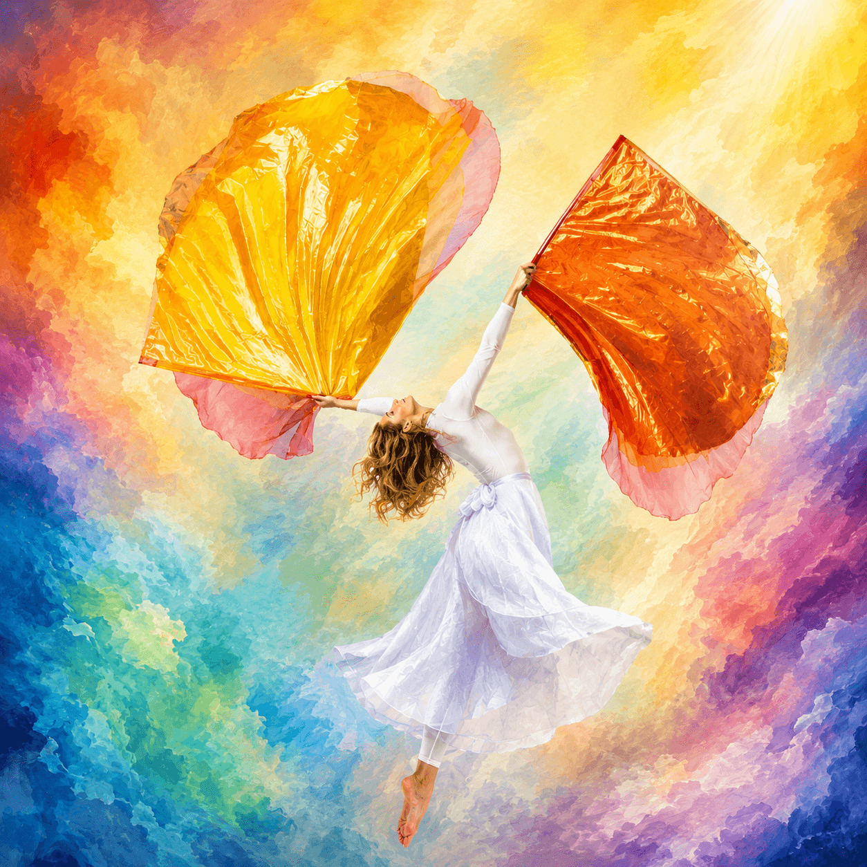 Female worship dancer ministering with gold and orange worship flags against a vibrant, painterly rainbow background, illustrating biblical color meanings and prophetic symbolism in worship.
