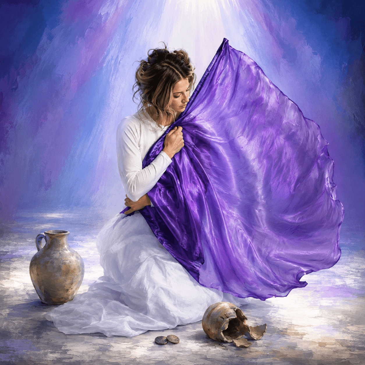 Woman holding a purple worship flag close to her heart beside a water jar, broken alabaster jar, and two small coins, illustrating what kind of worshipper God is looking for: honest, surrendered, and willing to give what she has.