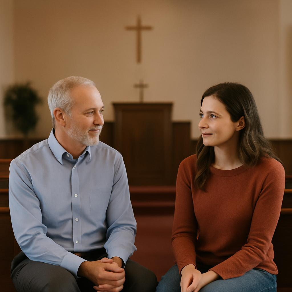 A pastor and a worshipper discuss worship flags inside a church sanctuary, representing how to ask for permission to use worship flags in church with wisdom and understanding.