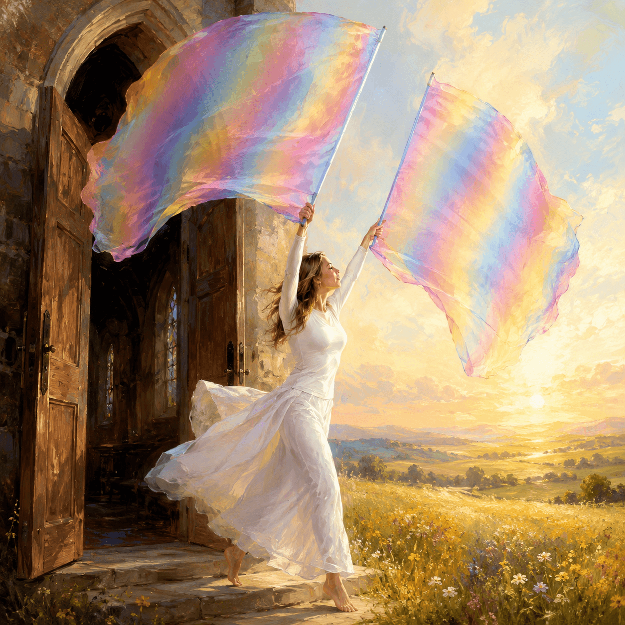 Female worshipper stepping through open church doors into a radiant field while lifting two rainbow worship flags, symbolizing healing from church rejection, freedom in worship, forgiveness, and renewed prophetic movement.