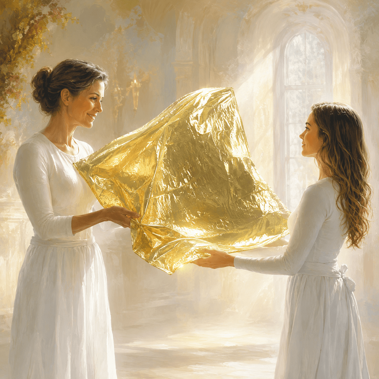 Two female worshippers carefully sharing a gold worship flag, illustrating whether someone else can use my worship flag and how lending worship flags can open the door to a first worship encounter.