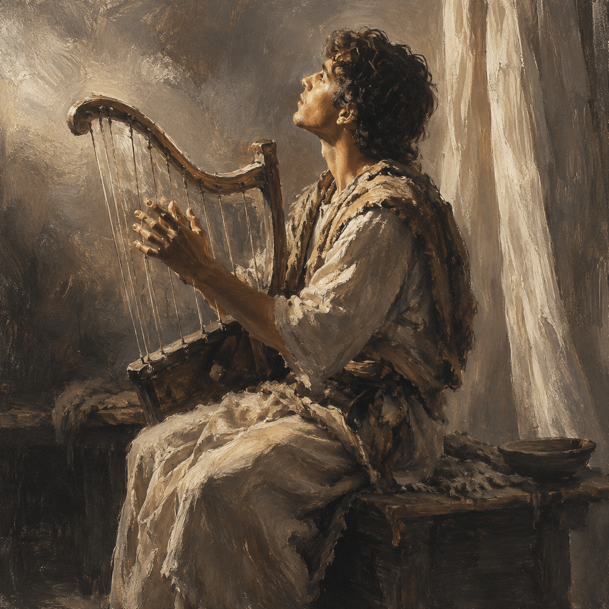 Painterly biblical image of young David playing a harp in quiet worship, illustrating that David was a worshipper first before becoming shepherd, warrior, and king.