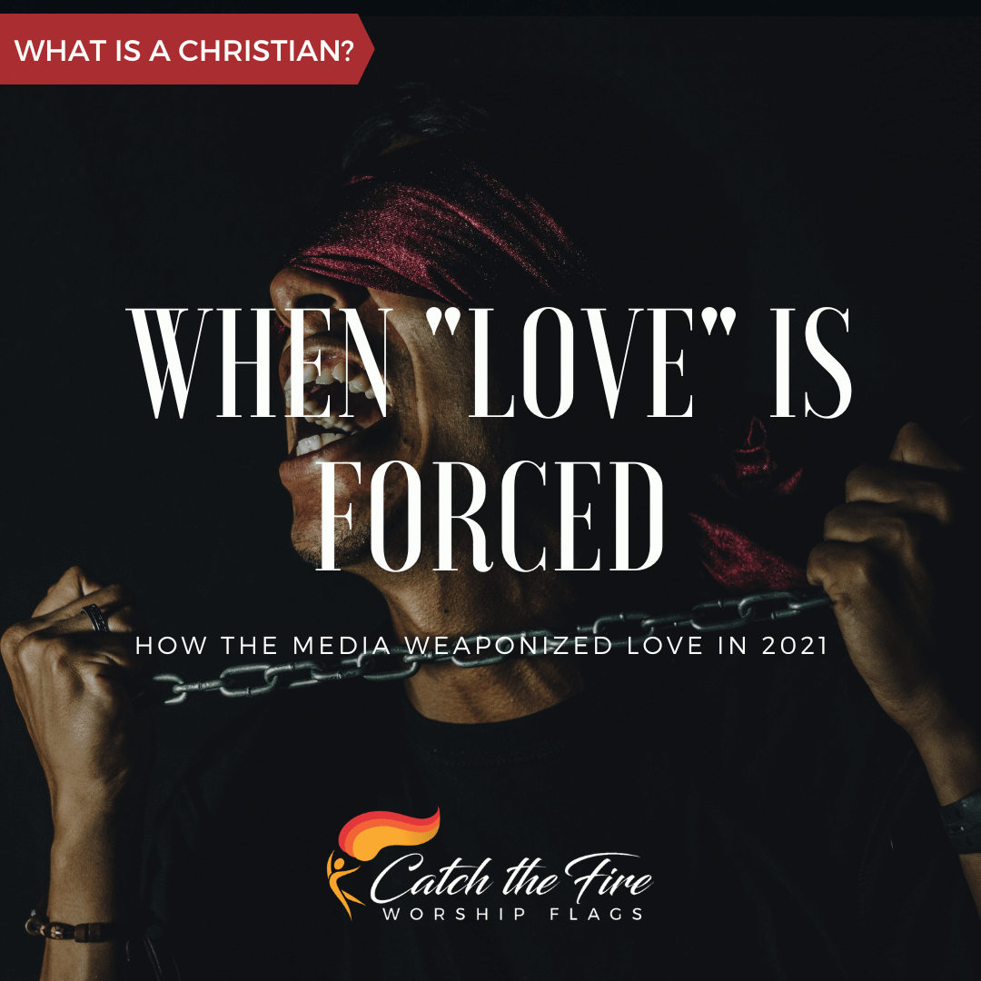 man with blindfold and chain in hands w/ catch the fire worship flags logo