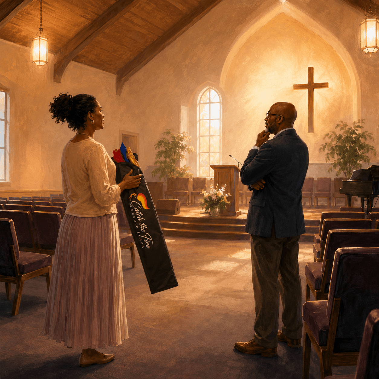 Painterly church scene showing a woman holding a Catch the Fire Worship Flags bag while speaking with a pastor in a sanctuary, illustrating how to talk to your pastor about worship flags with honor, clarity, and respect.