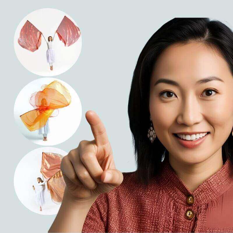 Woman pointing at three different worship flag styles—metallic, shimmer, and multi-layer—demonstrating how to choose worship flags based on movement and style preferences