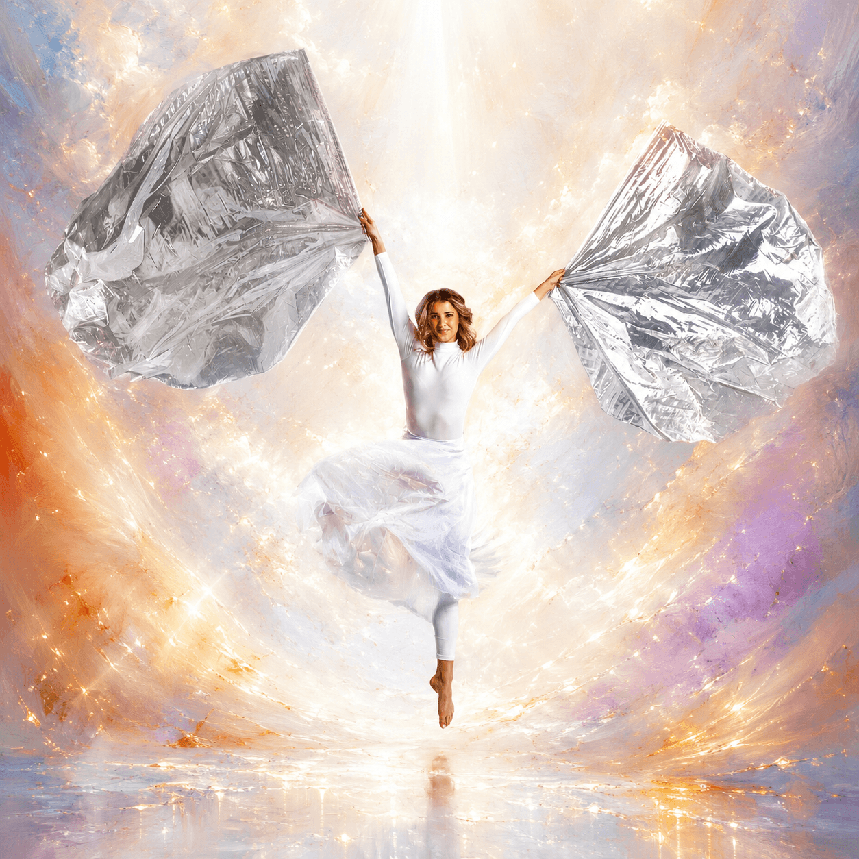 Painterly blog cover image of a worship dancer lifting silver worship flags in radiant light, symbolizing the biblical meaning of silver, refining fire, purity, and redemption.