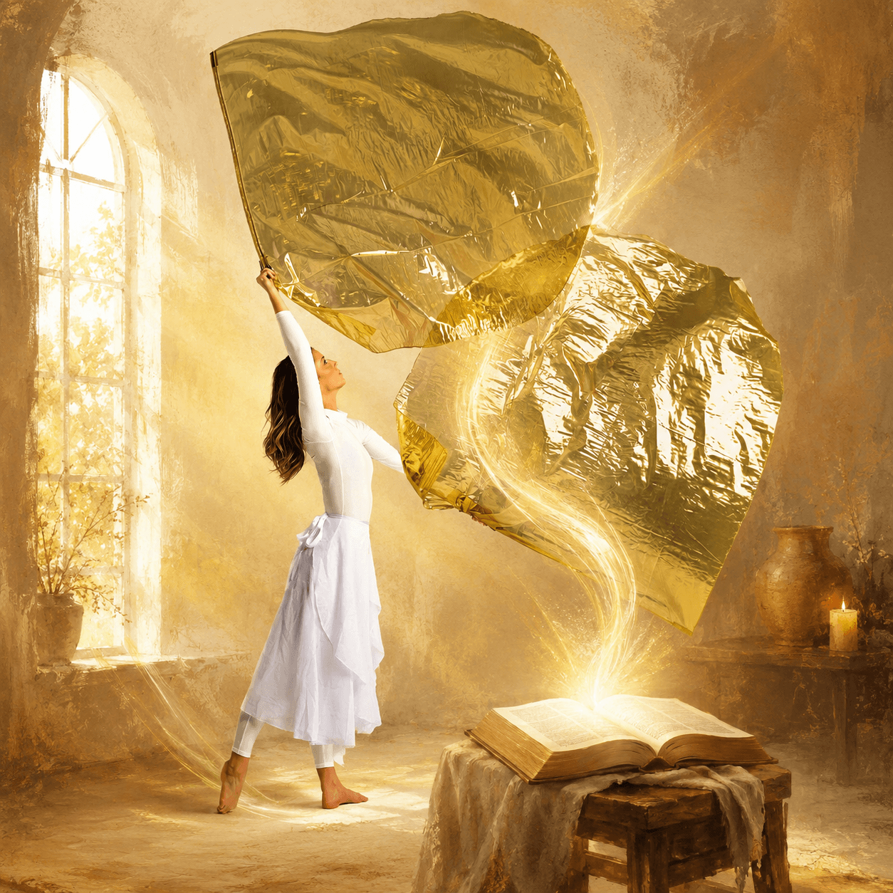 Woman lifting gold worship flags as radiant light rises from an open Bible, illustrating what it means to worship in spirit and truth through Holy Spirit-led movement grounded in God’s Word.