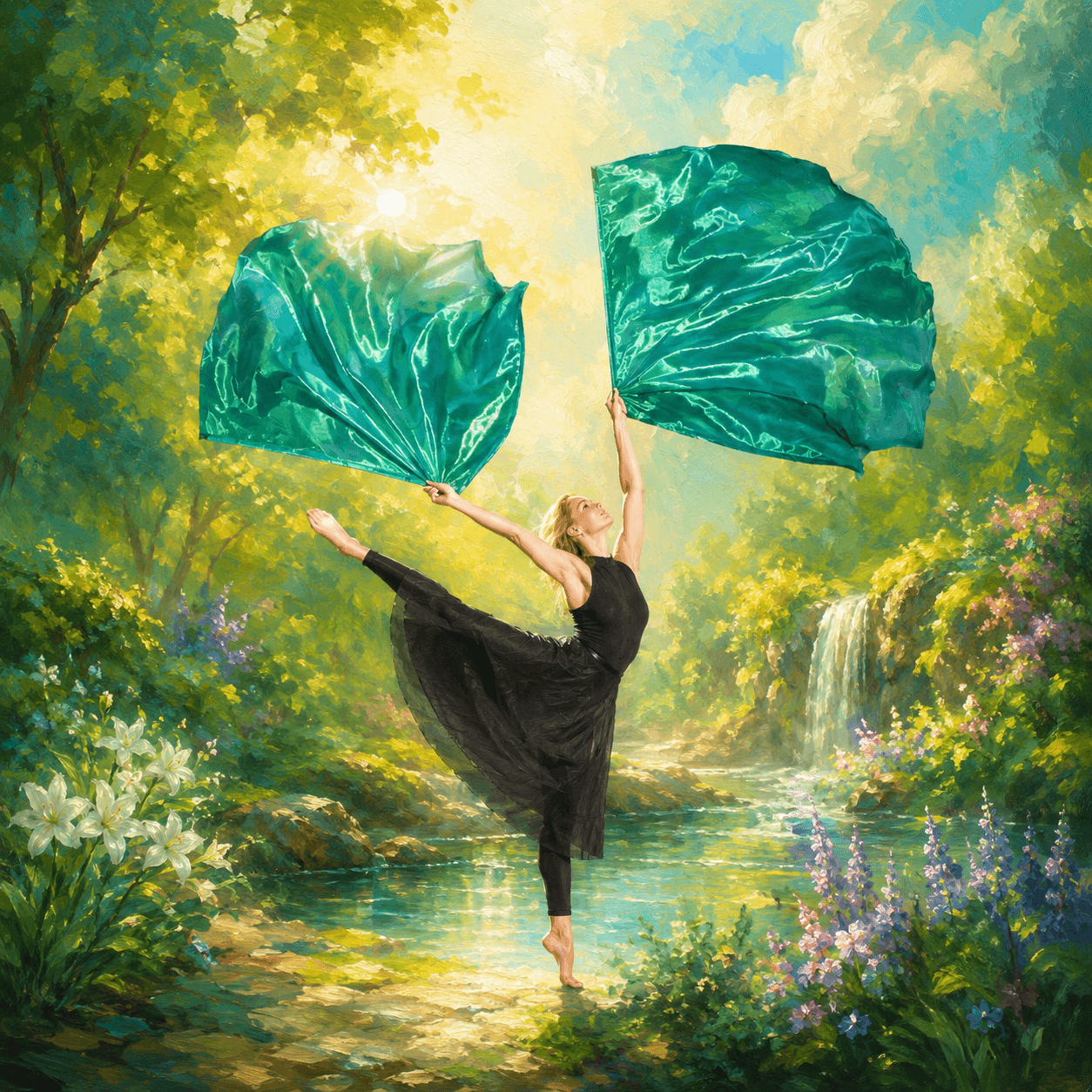 Worship dancer ministering with flowing green worship flags in a sunlit garden, illustrating the biblical meaning of green as life, growth, healing, renewal, and spiritual flourishing.