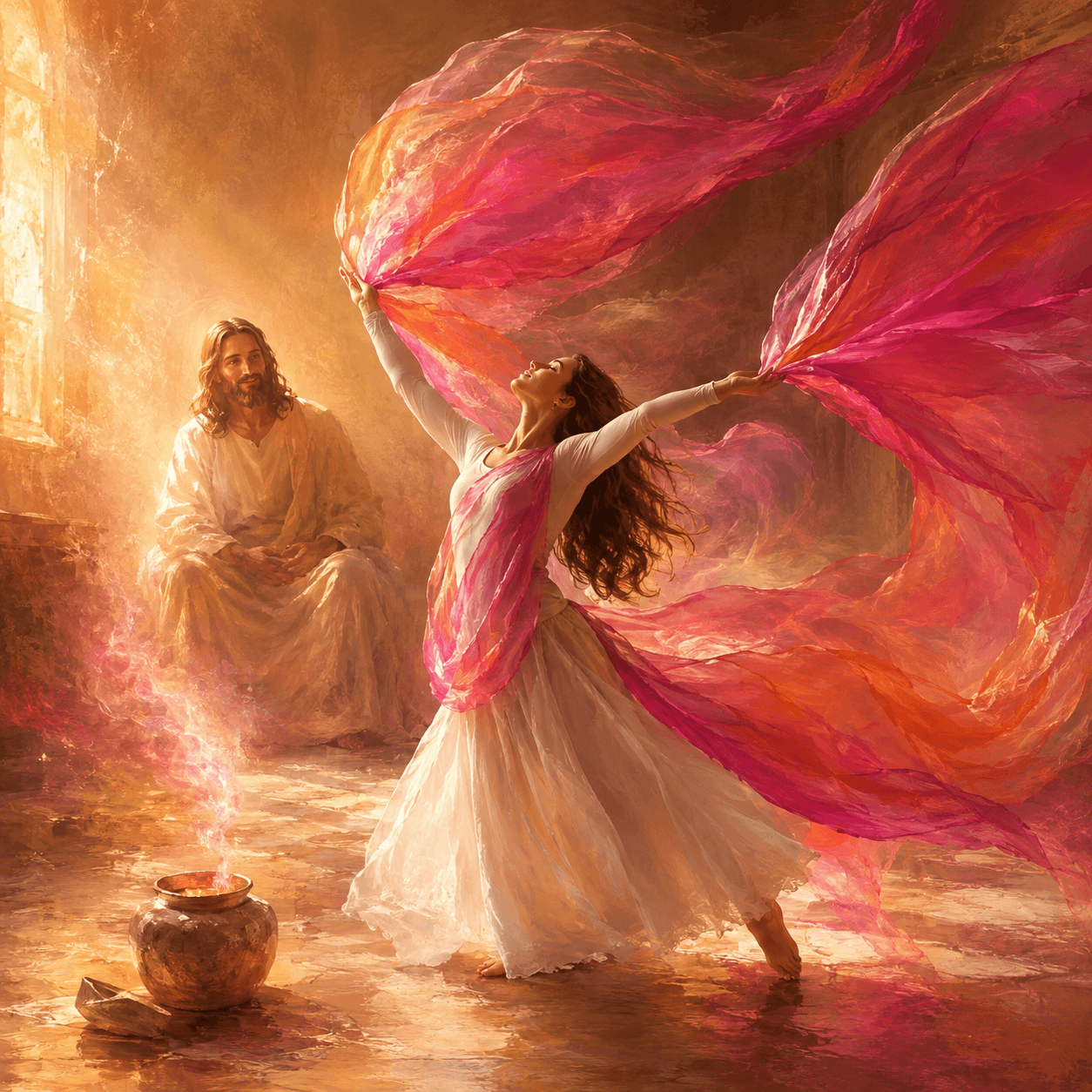 Painterly blog cover image of a worshipper dancing with Beautiful Offering worship flags before Jesus, with an open alabaster jar nearby and warm amber and rose light symbolizing devotion, surrender, and prophetic worship.