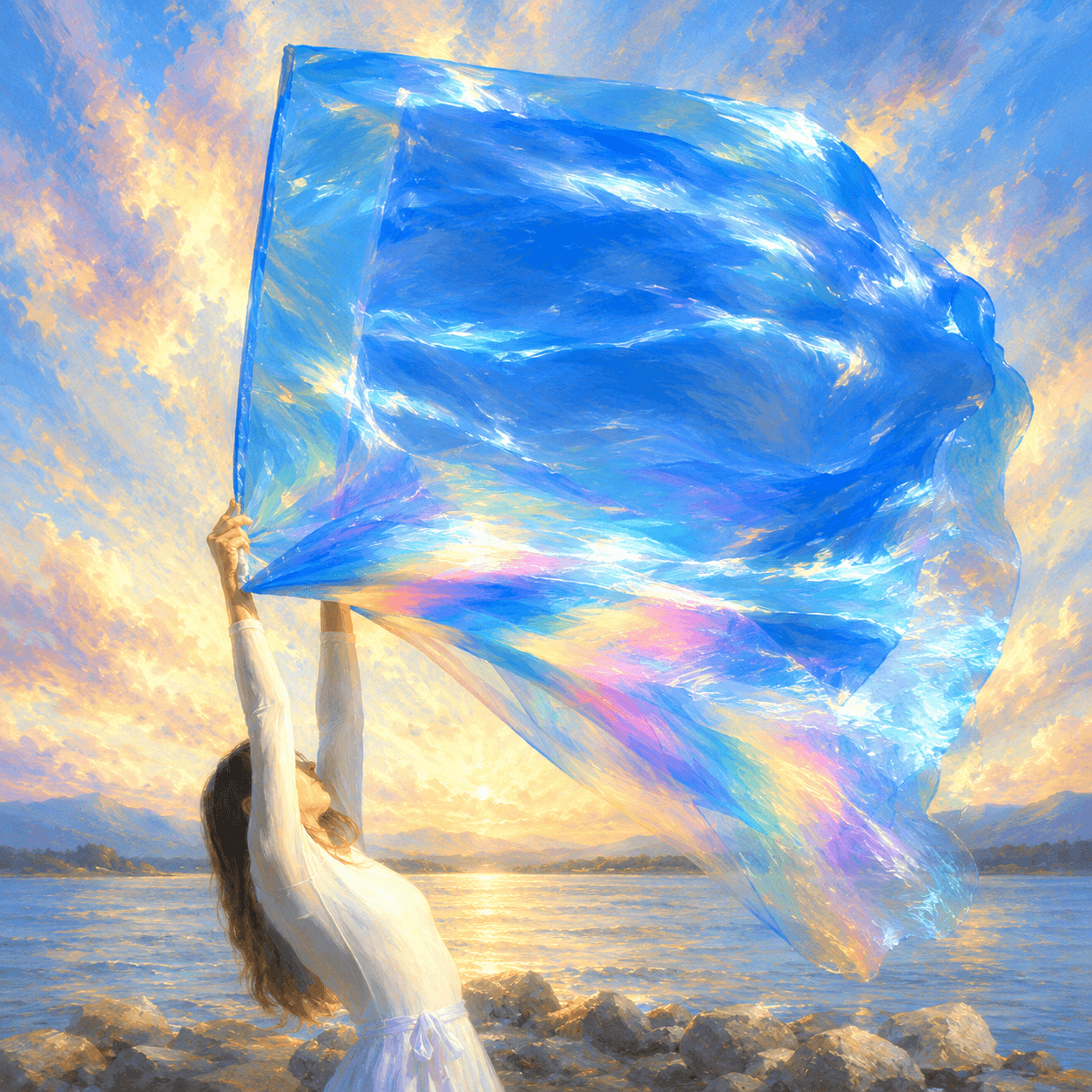 Painterly image of a female worshipper lifting flowing blue and iridescent worship flags beside the water at sunrise, symbolizing spiritual transformation, prophetic worship, renewal, and the presence of God.