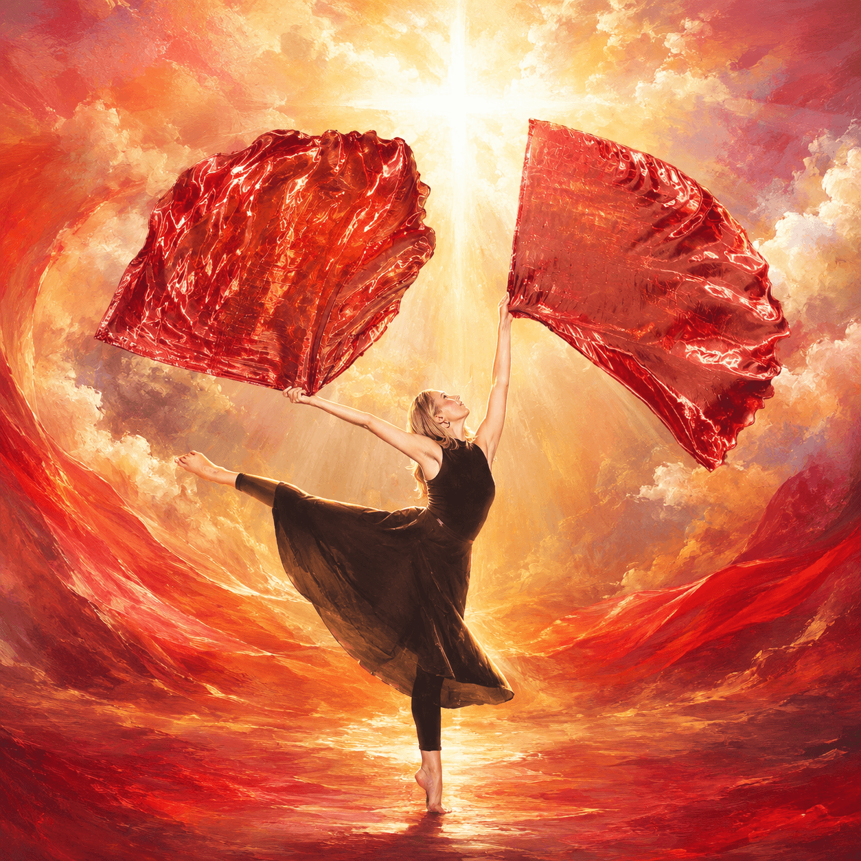 Painterly blog cover image of a female worship dancer lifting red worship flags in a vibrant radiant sky, symbolizing prophetic worship, the blood of Jesus, spiritual warfare, and biblical meaning of red in worship.