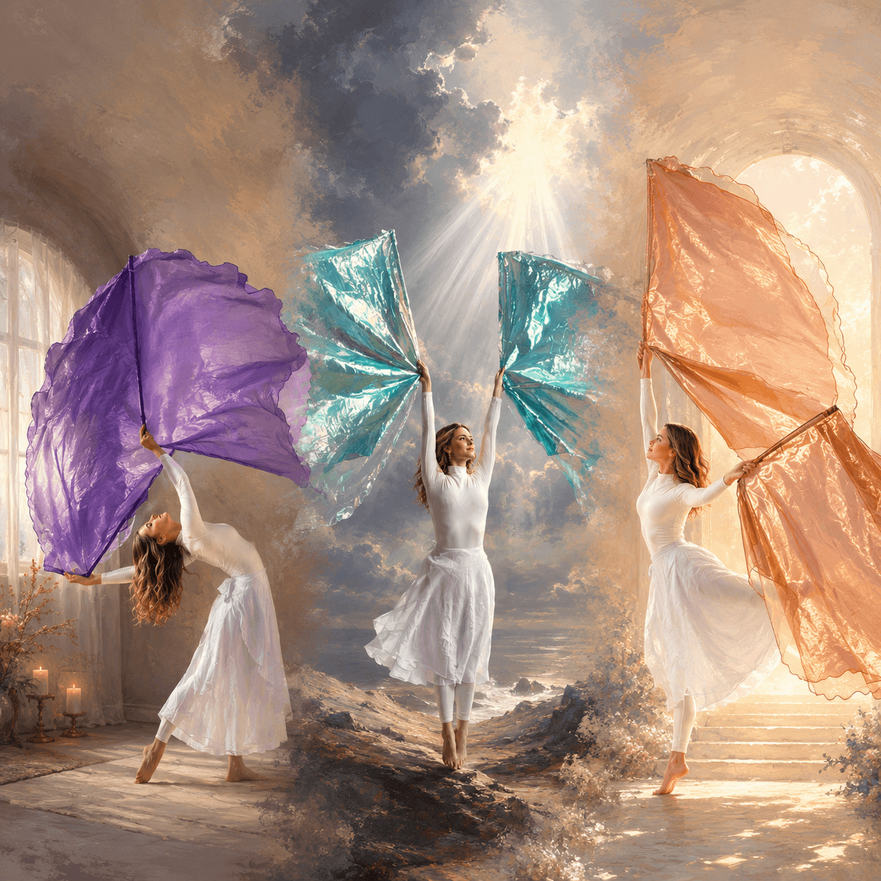 Painterly triptych showing one worshipper through three seasons of worship with different flag styles, illustrating how to choose worship flags by worship style through bold declarative movement, quiet intimate worship, and steady reverent procession.