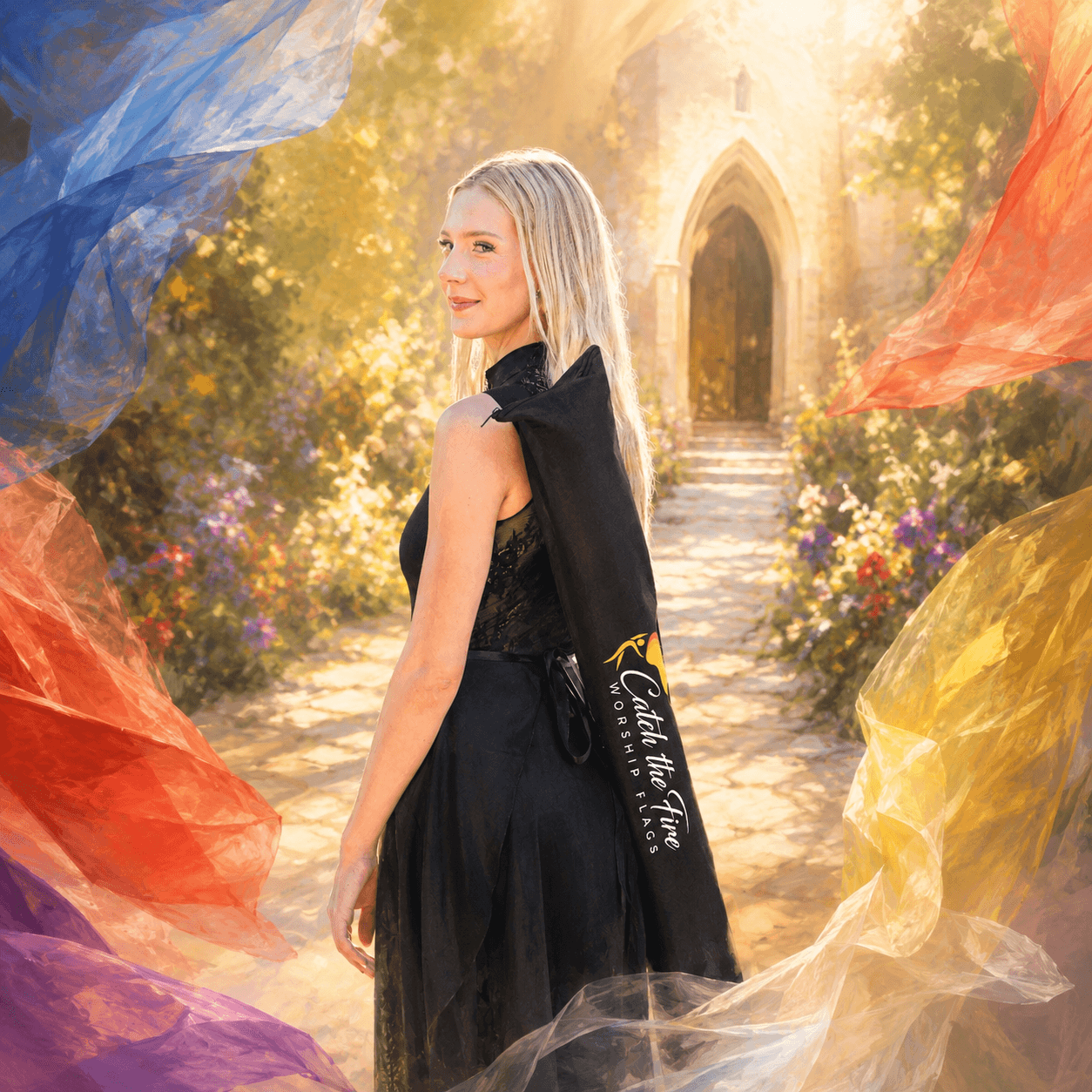 Painterly blog cover image of a woman wearing a Catch the Fire Worship Flags flag bag over her shoulder, standing outdoors with a soft church or conference setting in the distance