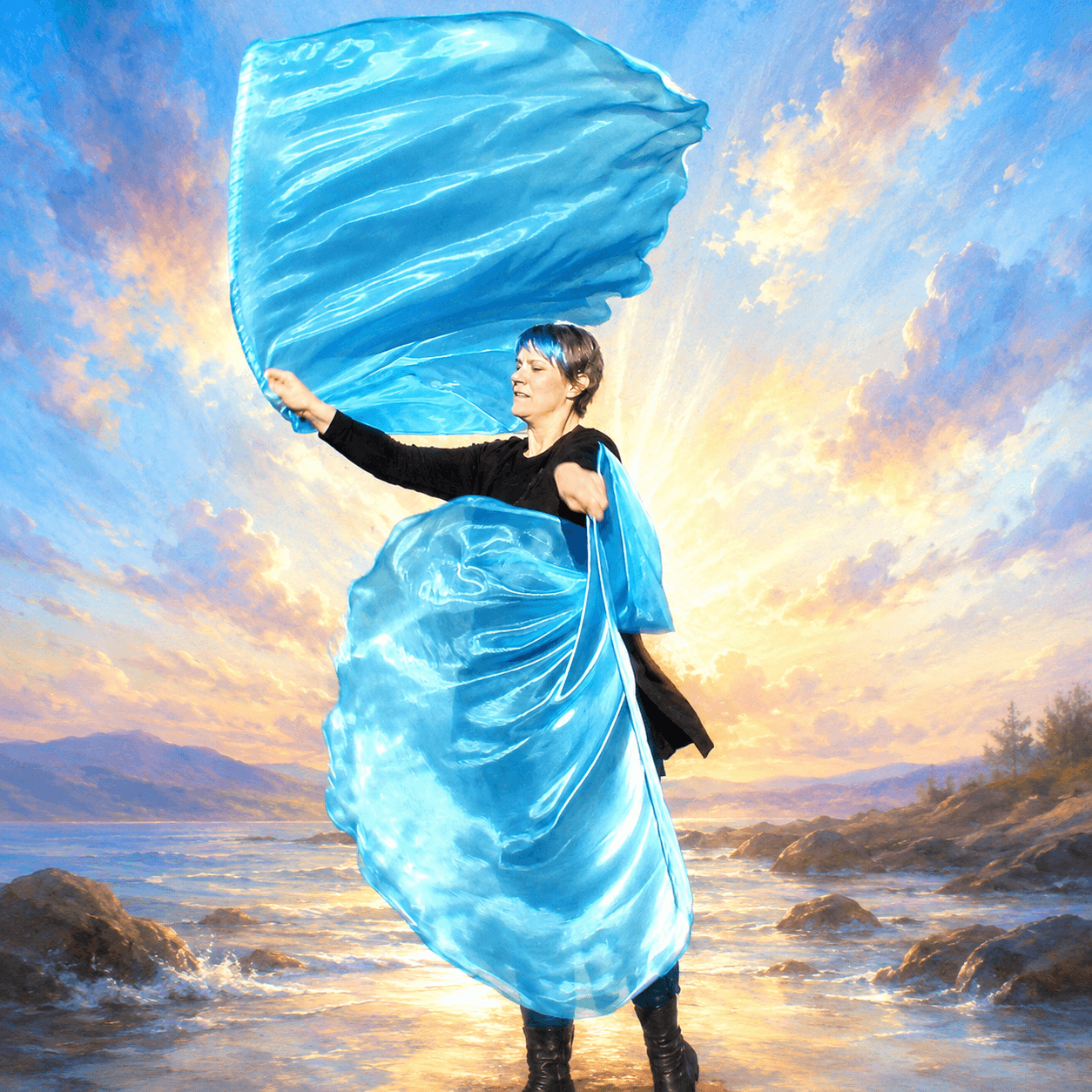 Worshipper ministering with flowing light blue worship flags beside the water at sunrise, illustrating biblical themes of peace, God’s presence, heavenly revelation, and prophetic intercession.