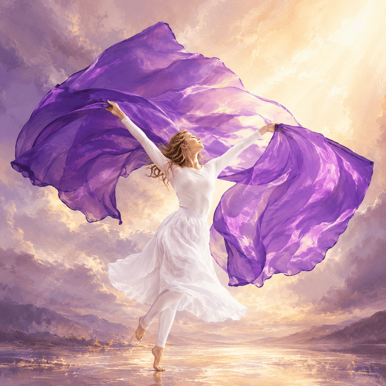 Female worship dancer lifting two flowing purple worship flags beneath radiant light, symbolizing biblical royalty, priesthood, spiritual authority, and prophetic worship.
