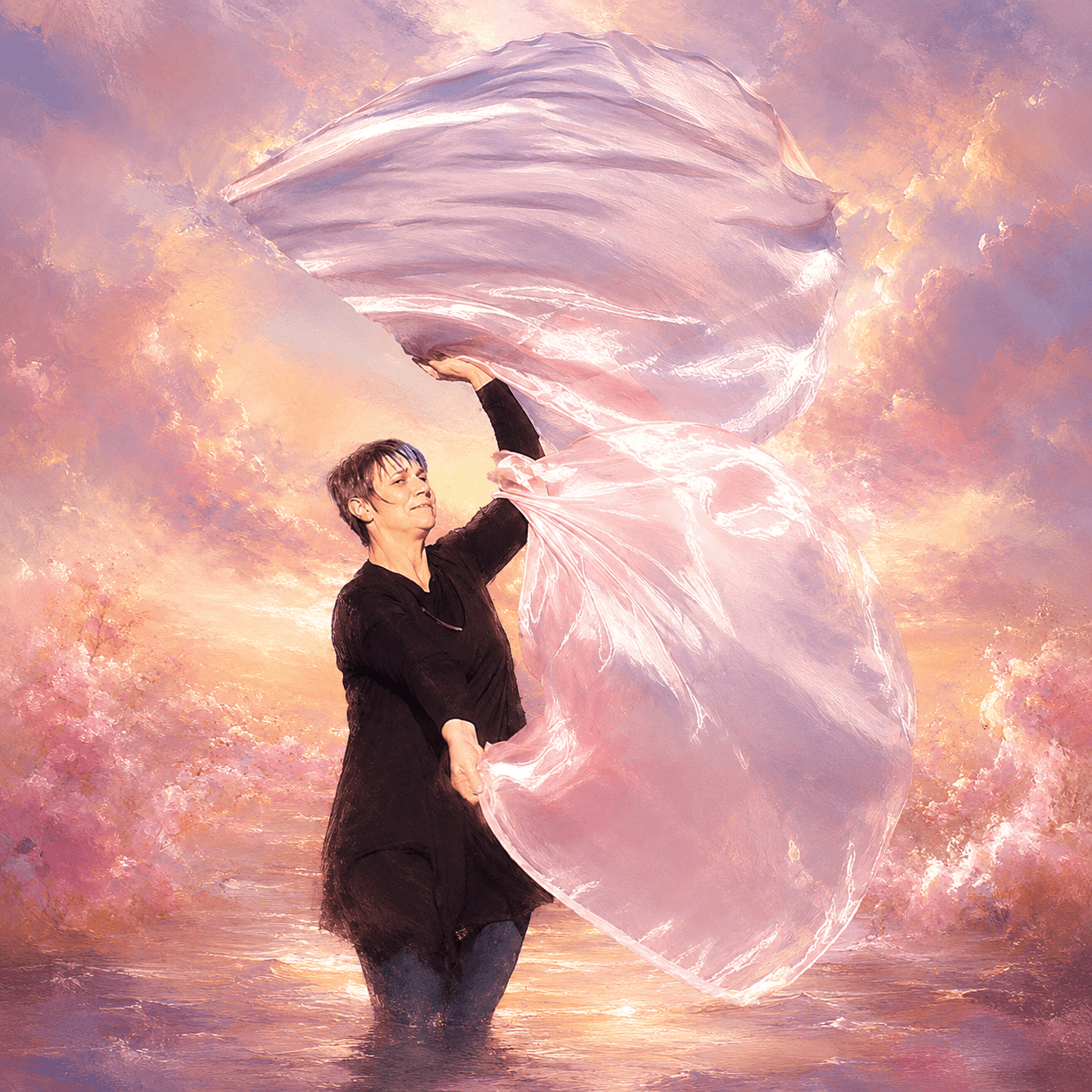 Worshipper ministering with flowing pink worship flags in a radiant painterly setting, illustrating the biblical meaning of pink as covenant love, bridal intimacy, holy desire, and delight in God.