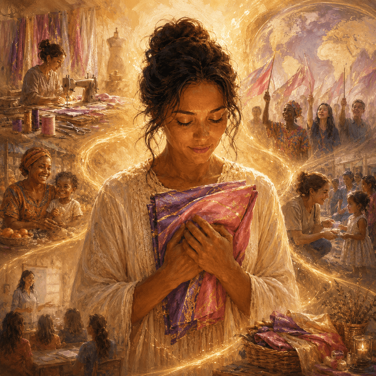 Painterly blog cover of a woman prayerfully holding a folded worship flag close to her heart, with glowing scenes of a maker’s studio, family livelihood, ministry training, global outreach, and worship connected by streams of light.