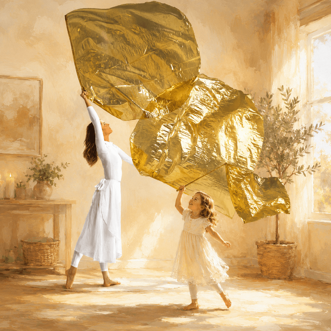 Mother and young daughter using gold worship flags together during family worship at home, illustrating how worship flags for kids encourage joyful movement, biblical praise, and whole-body worship.