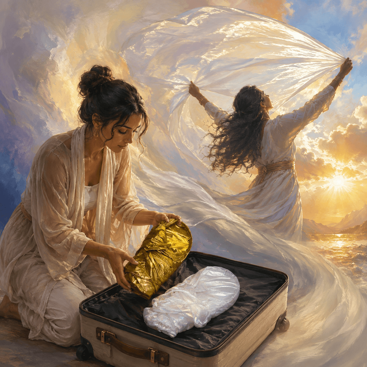 Painterly image illustrating a travel worship flag pole, showing a woman unpacking portable gold and white worship flags from a suitcase while a second scene shows full-size worship flags lifted outdoors in radiant light.